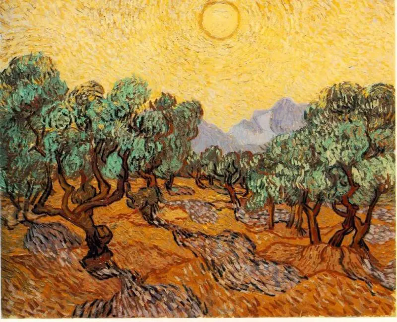 Vincent van gogh olive trees with yellow sky and sun