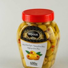 Irmak Red Pepper Stuffed Green Table Pickled Olive 600 g in Plastic Jar