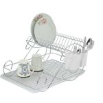 Kiwa Metal Bade 2 Tier Plate Drying Drainer Rack Chrome Plated with Drain Board and Cutlery Basket