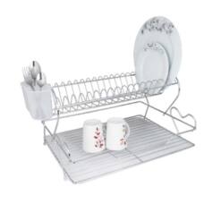 Escurridor de platos kiwa metal love de 2 niveles cromado con escurreplatos y cesto para cubiertos