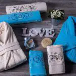 Berberler Rebeka Mens Women Bathrobe Bornoz and Towel Set Turkish Cotton Blue Love