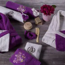 Berberler Rebeka Mens Women Bathrobe Bornoz and Towel Set Turkish Cotton Sweet Violet