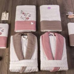 berberler rebeka mens women bathrobe bornoz and towel set turkish cotton pink brown