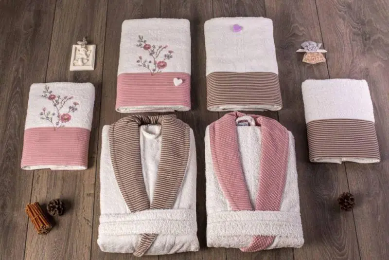 Berberler Rebeka Mens Women Bathrobe Bornoz and Towel Set Turkish Cotton Pink Brown
