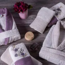 Berberler Rebeka Mens Women Bathrobe Bornoz and Towel Set Turkish Cotton Violet
