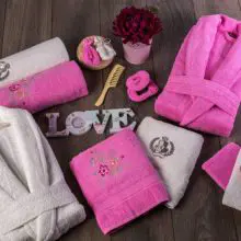 Berberler Rebeka Mens Women Bathrobe Bornoz and Towel Set Turkish Cotton Love