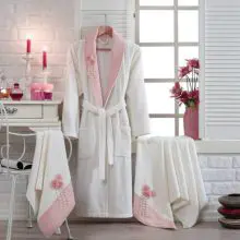 Berberler Rebeka Women Family 100% Turkish Cotton Bath Robe Bathrobe Pink White
