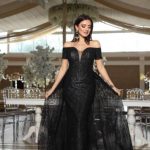 maya moda off-shoulder sequins long prom dress with fabric overskirt - black