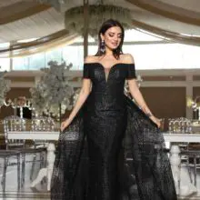 Maya Moda Off-shoulder Sequins Long Prom Dress with Fabric Overskirt – Black