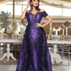maya moda off-shoulder sequins long prom dress with fabric overskirt - black