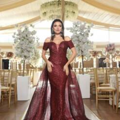 maya moda off-shoulder sequins long prom dress with fabric overskirt - maroon