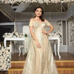 maya moda off-shoulder sequins long prom dress with fabric overskirt - ivory