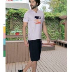 男士柔軟棉質舒適兩件式休閒套裝短袖襯衫褲子 4621 S - XL
