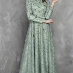 Woman Evening Dress Glamour Embroidered Long Sleeve Mint Color Fv 105 4 From Turkey woman wholesale classic chic long sleeve sequins black dress fv 107