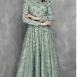Woman Evening Dress Glamour Embroidered Long Sleeve Mint Color Fv 105 3 From Turkey woman wholesale classic chic long sleeve sequins black dress fv 107
