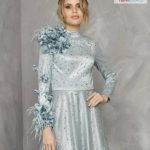 Woman  Majestic Party Engagement Gown Full Embroidered Dress  Silver Color Fv 108