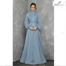 женщина оптом гламурное платье с длинным рукавом голубого цвета 100