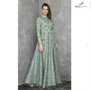 woman evening dress glamour embroidered long sleeve mint color fv 105