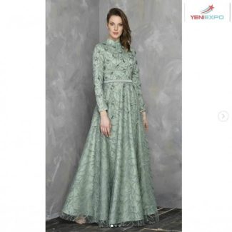 Woman Evening Dress Glamour Embroidered Long Sleeve Mint Colo...