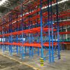 a warehouse with blue and yellow poles