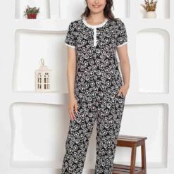 Completo pigiama da donna in cotone pettinato con fantasia floreale nera 2794KY