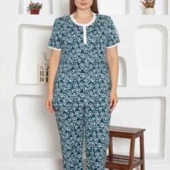 Indigo Floral Patterned Large Size Lady Pijama Set 2794KY Home