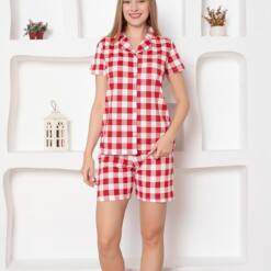 Women Shorts Set With Ecoseli Front Button - Red Short Sleeves Combed Cotton 2793S Home 6 From Turkey t3241 td 1 3