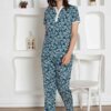 İndigo Desenli Çiçek Desenli Penye Pamuklu Bayan Pijama Takımı 2795KY