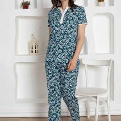 Damenpyjama-Set mit indigoblauem Blumenmuster aus gekämmter Baumwolle 2795KY