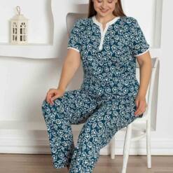 Indigo Floral Patterned Large Size Lady Pijama Set 2795Ky Home 7 From Turkey t3270 td 1 4