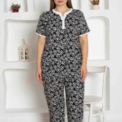 Black Floral Patterned Large Size Lady Pijama Set 2795KY Home