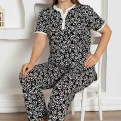 Black Floral Patterned Large Size Lady Pijama Set 2795Ky Home 7 From Turkey t3271 td 1 4