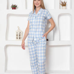 Ecoseli Front Button Women'S Shorts Set - Blue Short Sleeves Combed Cotton 2793Ky 7 From Turkey t3496 td 1 4