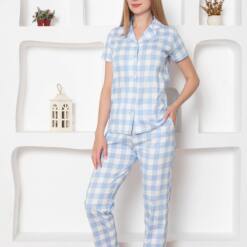 Ecoseli Front Button Women'S Shorts Set - Blue Short Sleeves Combed Cotton 2793Ky 8 From Turkey t3496 td 1 5