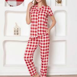 Damen-Pyjama-Set mit Ecoseli-Front – Rot, kurze Ärmel, gekämmte Baumwolle 2793KY