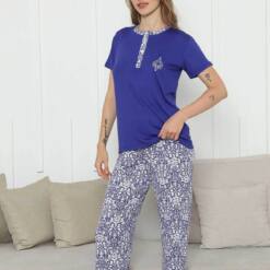 Damen-Set mit Stickerei, Saks Blau, ethnisch gemustert, Kurzarm, Lycra, Rink Viskose, 2865KY