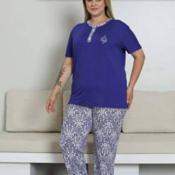 Large Size Pijama Set - Saks Blue Ethnic Patterned Short Sleeve Lycra Rink Viscose 2865Ky Home 5 From Turkey t3517 td 1 2