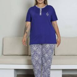 Large Size Pijama Set - Saks Blue Ethnic Patterned Short Sleeve Lycra Rink Viscose 2865Ky Home 6 From Turkey t3517 td 1 3