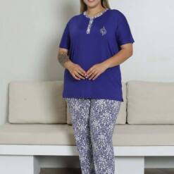 Large Size Pijama Set - Saks Blue Ethnic Patterned Short Sleeve Lycra Rink Viscose 2865Ky Home 7 From Turkey t3517 td 1 4