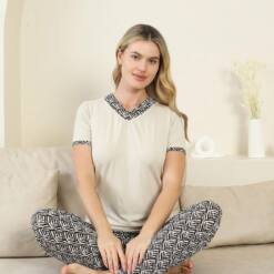 Ethnic Patterned Female Pijama Set - Beige V Collar Short Sleeve Bamboo Lycra 2866Ky 5 From Turkey t3545 td 1 2