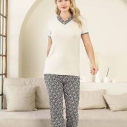 Ethnic Patterned Female Pijama Set - Beige V Collar Short Sleeve Bamboo Lycra 2866Ky 6 From Turkey t3545 td 1 3