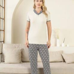 Ethnic Patterned Female Pijama Set - Beige V Collar Short Sleeve Bamboo Lycra 2866Ky 7 From Turkey t3545 td 1 4