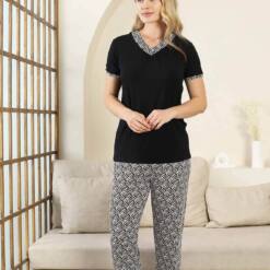 Conjunto de pijama femenino con estampado étnico - Negro, cuello en V, manga corta, licra de bambú 2866KY