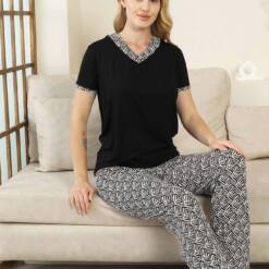 Ethnic Patterned Female Pijama Set - Black V Collar Short Sleeve Bamboo Lycra 2866Ky 5 From Turkey t3547 td 1 2