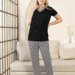 Ethnic Patterned Female Pijama Set - Black V Collar Short Sleeve Bamboo Lycra 2866Ky 6 From Turkey t3547 td 1 3