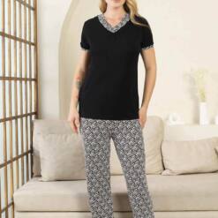 Ethnic Patterned Female Pijama Set - Black V Collar Short Sleeve Bamboo Lycra 2866Ky 7 From Turkey t3547 td 1 4