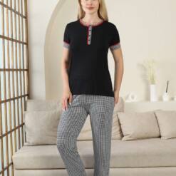 Kaz Ayağı gemustertes Damen-Pyjama-Set – schwarzes Kurzarm-Lycra Rink Viskon 2871KY