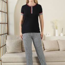 Kaz Ayağı Patterned Female Pijama Set - Black Short Sleeve Lycra Rink Viskon 2871Ky 6 From Turkey t3557 td 1 3