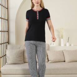 Kaz Ayağı Patterned Female Pijama Set - Black Short Sleeve Lycra Rink Viskon 2871Ky 7 From Turkey t3557 td 1 4