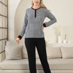 Kaz Ayağı gemusterter Damenpyjama - Schwarz Kurzarm Lycra Rink Viskose 2869KY